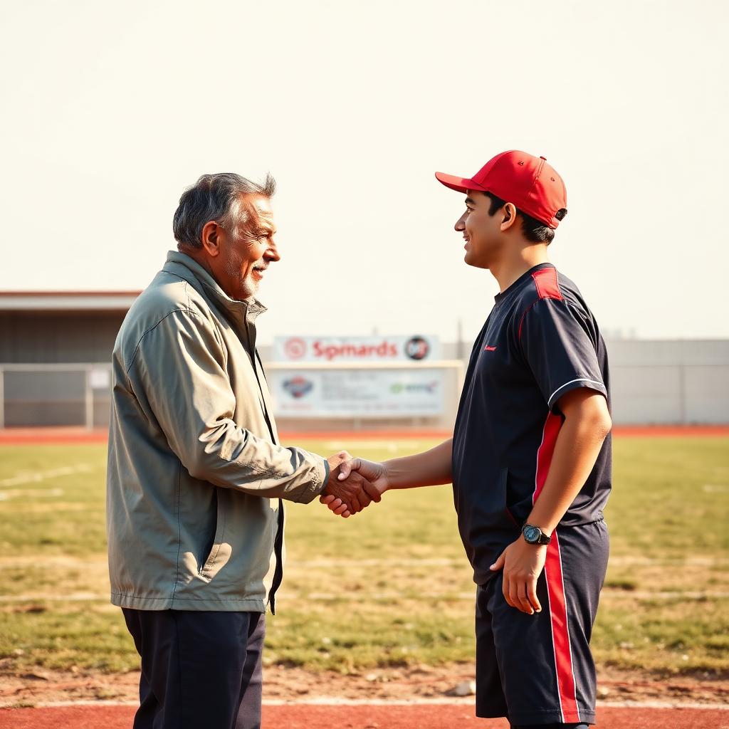 Comerciante de barrio saludando a un joven entrenador en un campo de deporte local.