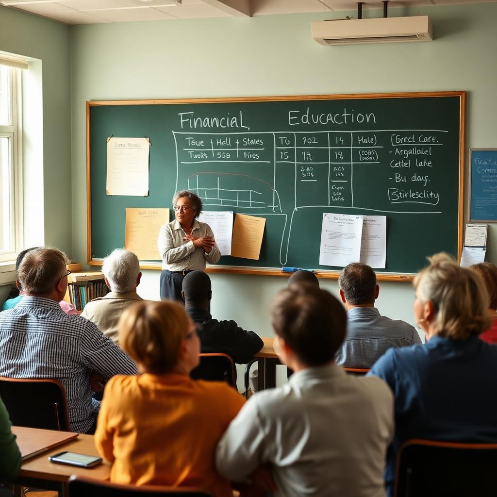 Aula municipal con adultos aprendiendo educación financiera frente a una pizarra con gráficos.