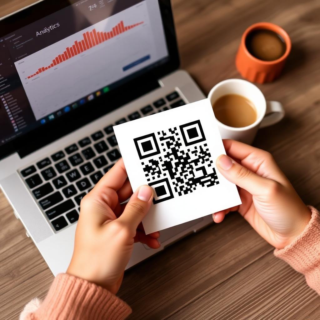 Manos sujetando un código QR junto a un portátil con un panel de analítica.