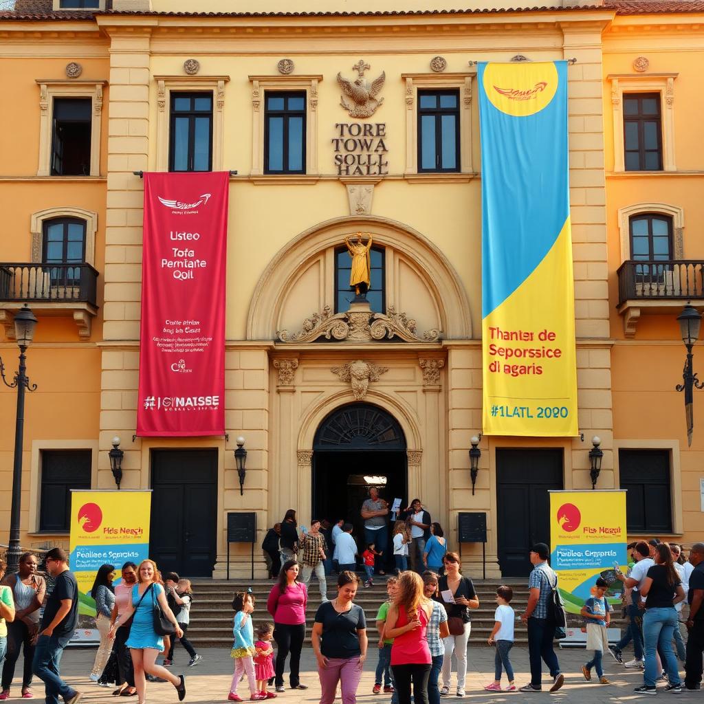 Fachada de un ayuntamiento español durante un evento público con banderolas.