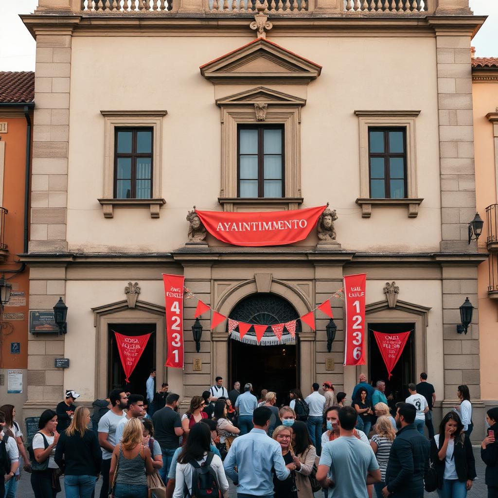 Fachada de un ayuntamiento durante un acto cultural con público en la plaza.