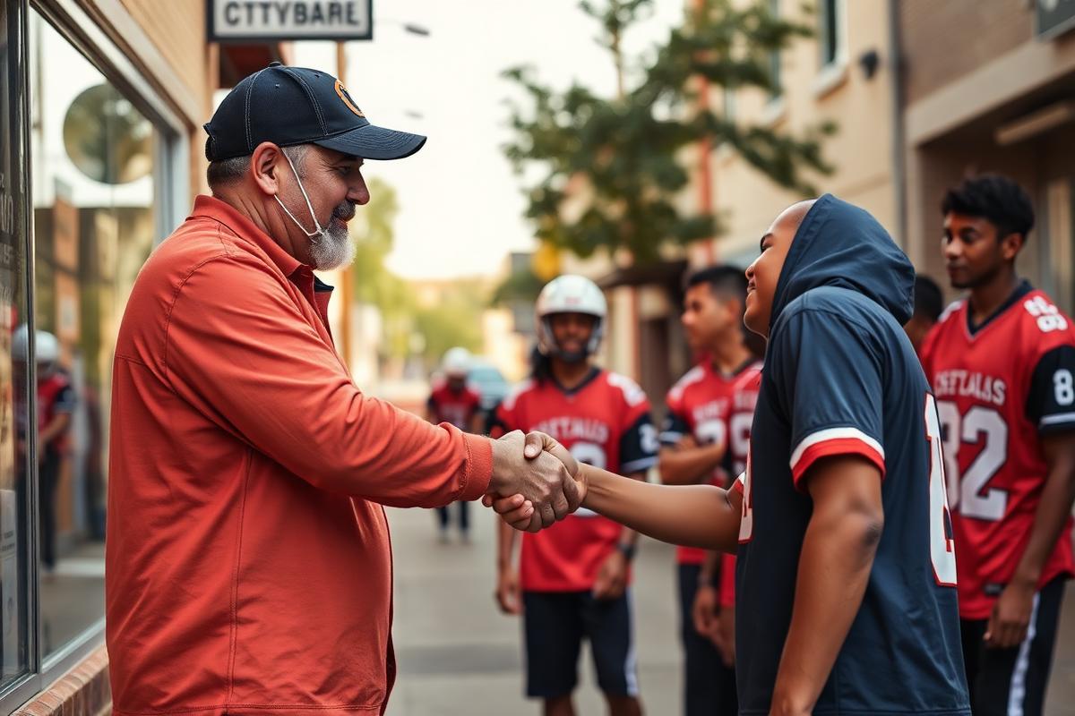Comerciante local estrechando la mano del entrenador de un equipo del barrio en plena calle.
