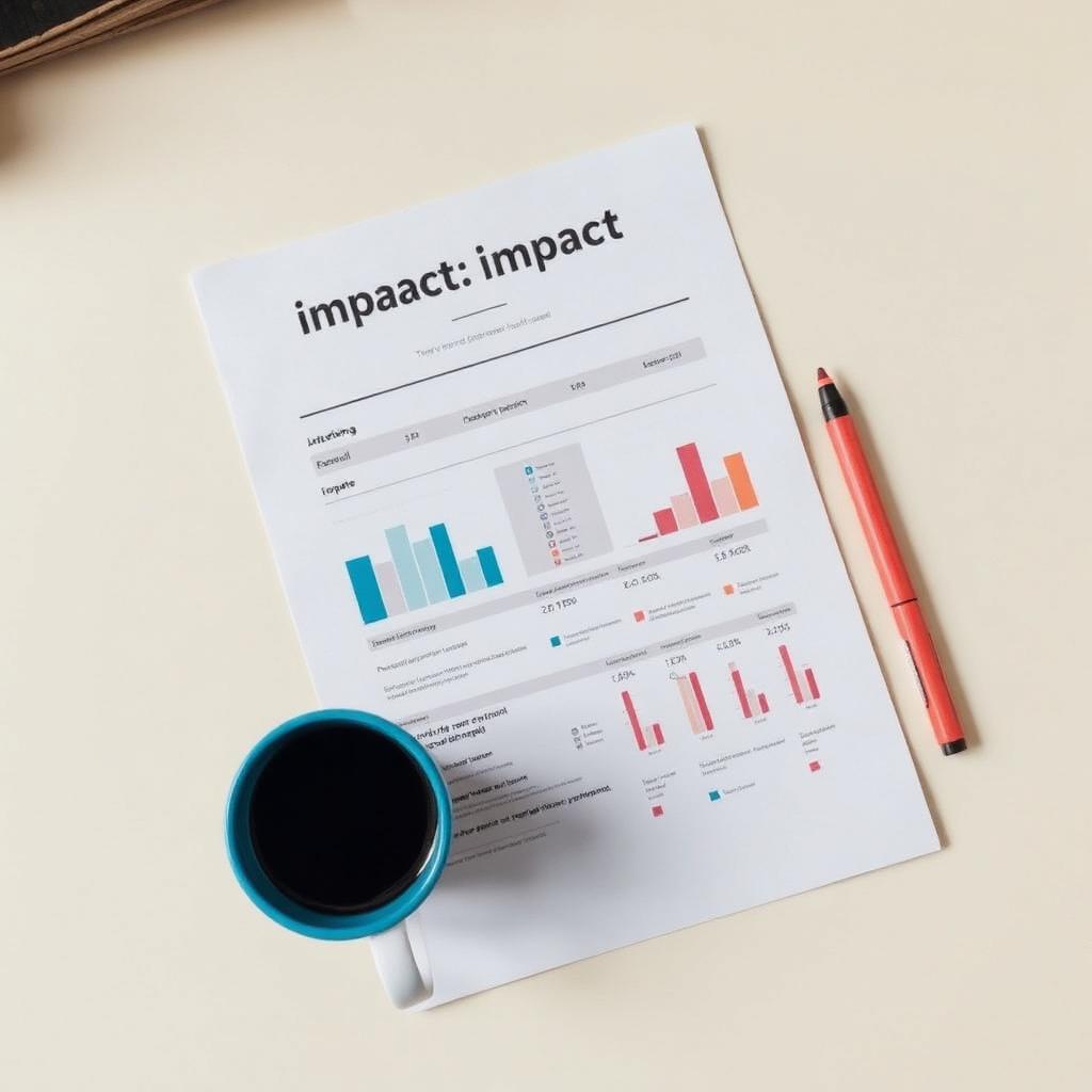 Informe impreso de impacto con gráficas junto a una taza de café y un rotulador coral sobre un escritorio.