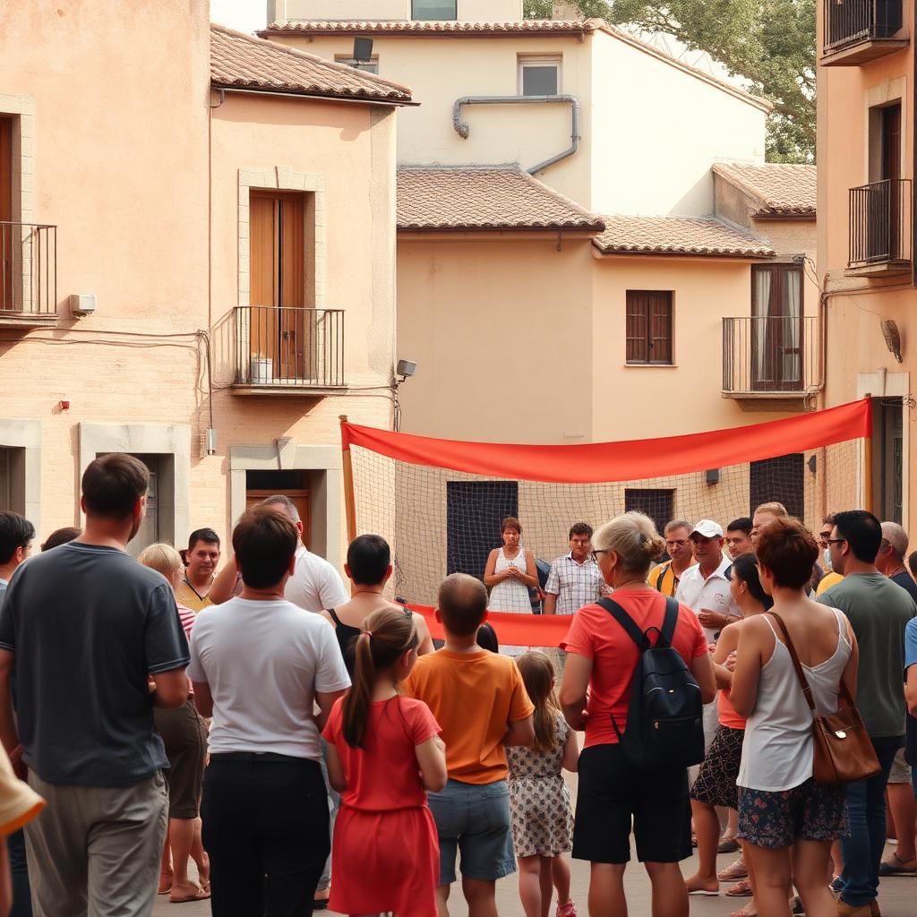 Vecinos reunidos en la plaza de un pueblo alrededor de un evento cultural con una pancarta de patrocinio.